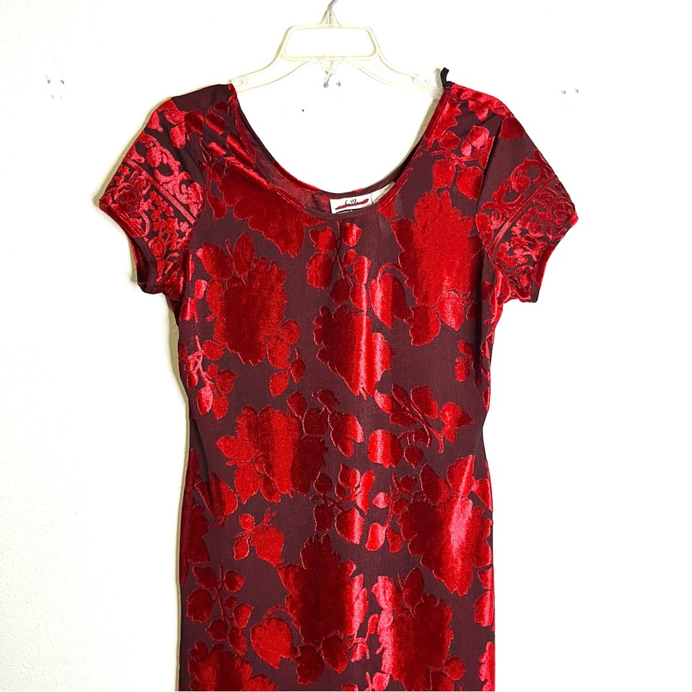 Vintage 90s grunge goth velvet burnout, midi dress sz 12 petite bodycon long red - Picture 6 of 8